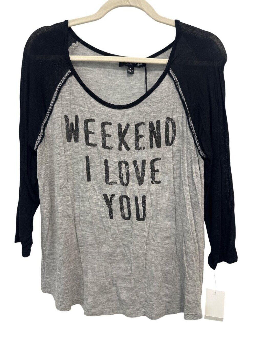 Living Doll Raglan Top Medium Weekend I Love You Graphic T Shirt Gray Black NEW